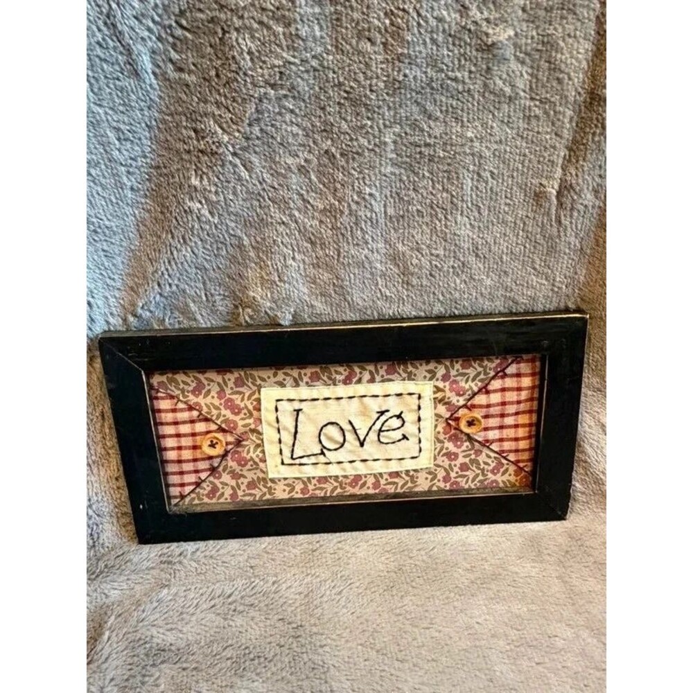 Rustic Cottagecore Stitched Fabric Love Sign Plaid Button Accents Black Frame